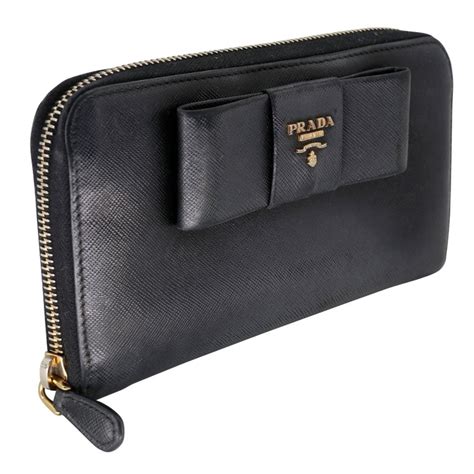 PRADA Saffiano Fiocco Bow Zip Around Wallet Black.